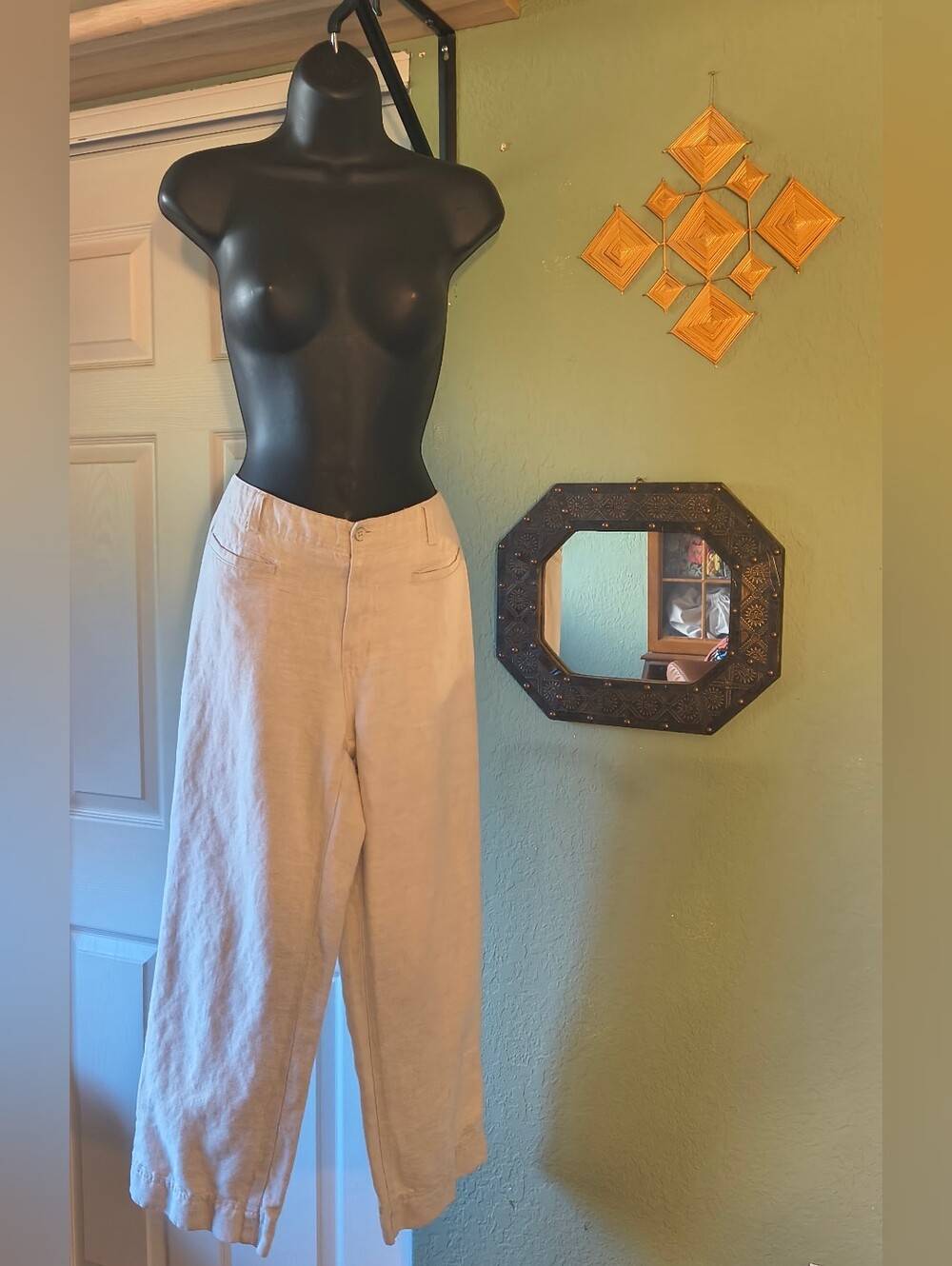 Calvin Klein Linen Blend Oatmeal Cream High Waisted Wide Leg Crop Pants 8